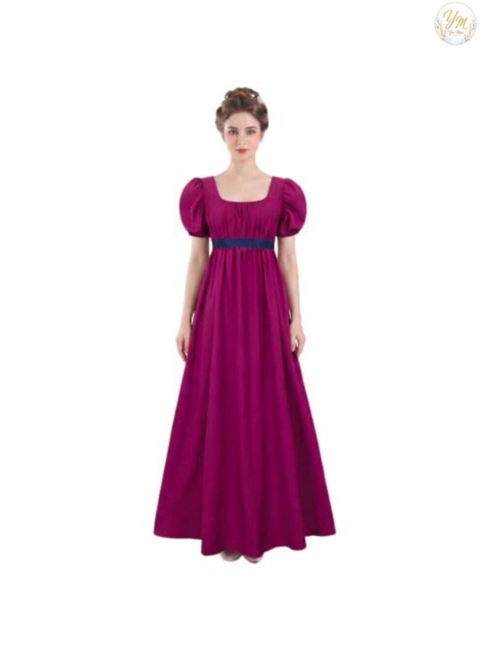 Regency Dress Square Neck Puff Sleeve Empire Waist Sash Costume